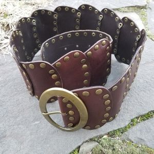 Brown and antique brass studded wide leather belt